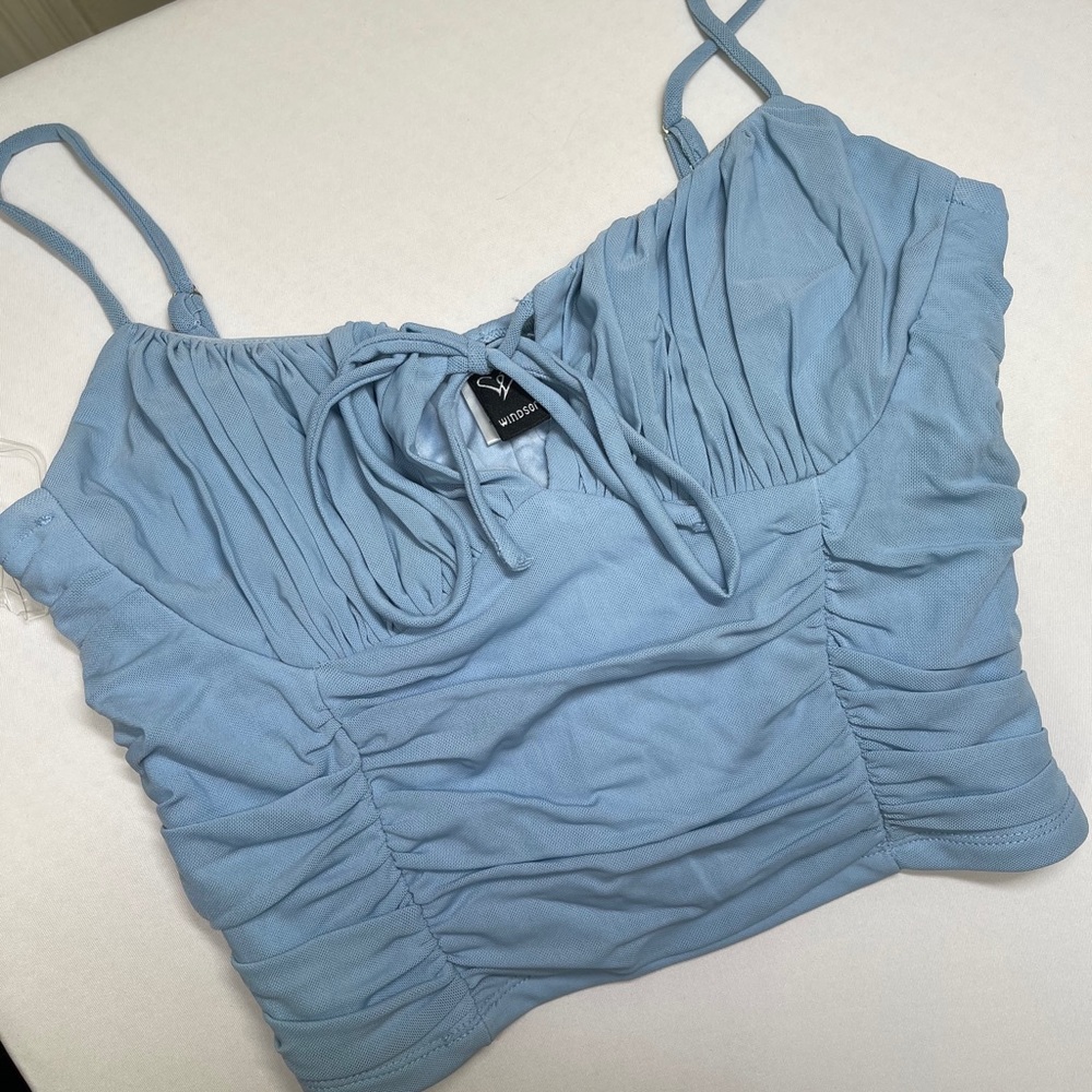 Blue ruched cropped tank top